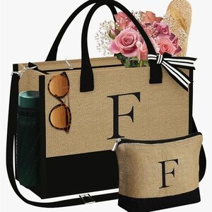 GREAT Christmas happy! Monogrammed "F" tote w/ make up bag. (Stock photo) NEW.
